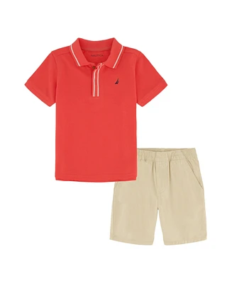 Nautica Little Boys Tipped Pique Polo Shirt and Prewashed Twill Shorts, 2 Pc Set