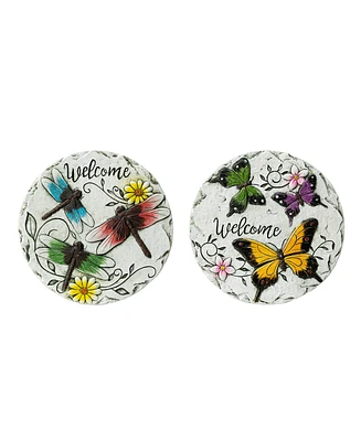 Glitzhome 9.75" D Set of 2 Cement Stepping Stones with Fluttering Butterflies and Dragonflies Pattern