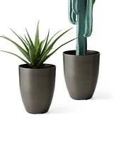 Glitzhome 16.75" H Set of 2 Black Resin and Stone Faux Brushed Steel Texture Tall Planter