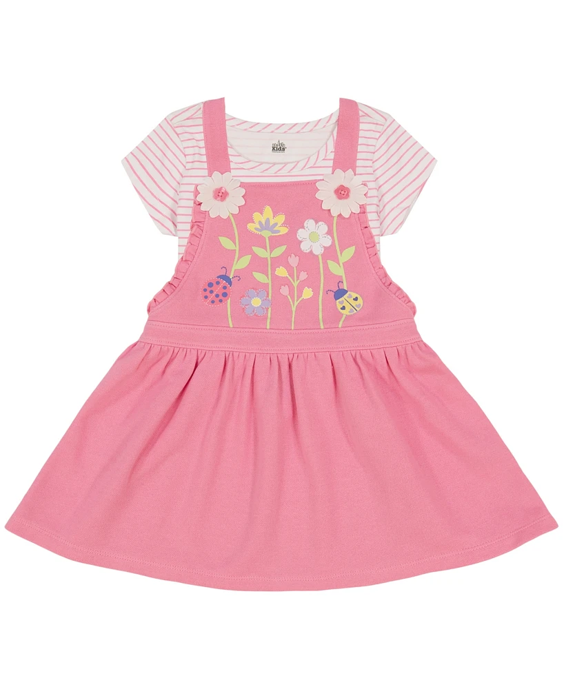 Kids Headquarters Little Girls Striped Jersey T-shirt and Floral French Terry Pinafore Set