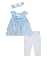 Little Me Baby Girls Chambray Eyelet Set with Headband