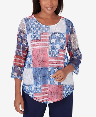 Alfred Dunner Women's All American Patchwork Flag Mesh Top with Necklace