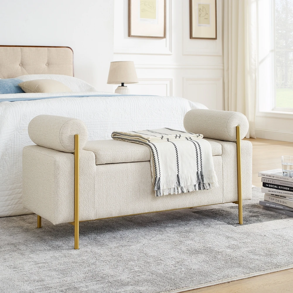 Streamdale Furniture Beige Linen Storage Bench with Iron Legs