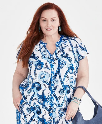 Style & Co Plus Belinda Border Flutter-Sleeve Blouse, Created for Macy's