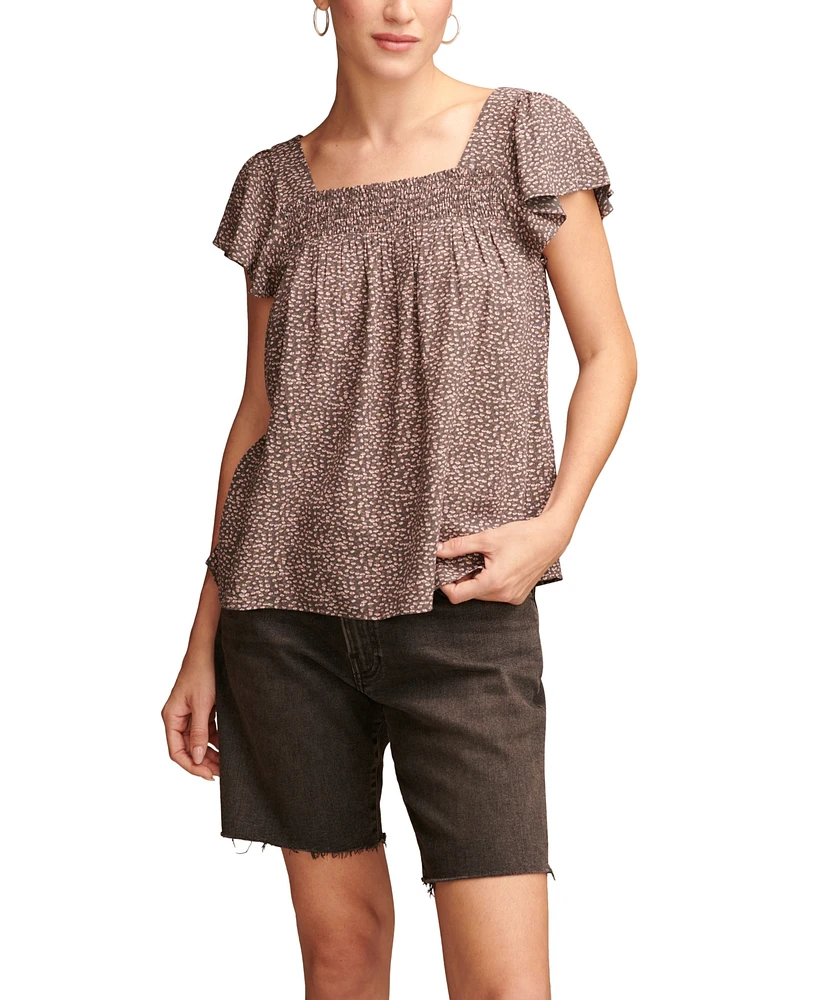 Lucky Brand Women's Smocked Square-Neck Flutter-Sleeve Top