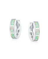 Bling Jewelry White Synthetic Opal Inlay Iridescent Huggie Hoop Earrings For Women Sterling Silver