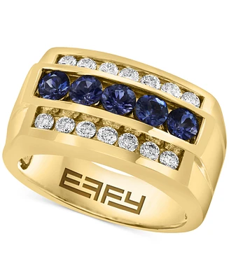 Effy Men's Sapphire (5/8 ct. t.w.) & White Sapphire (1-3/8 ct. t.w.) Three Row Ring in 10k Yellow Gold