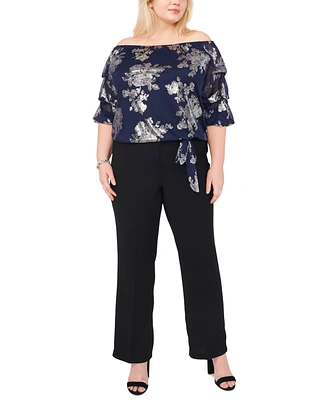 Msk Plus Size Floral Foil Off-The-Shoulder Lantern-Sleeve Top