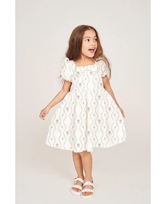 Floraison Girl's Smocked Puff Sleeve Floral Bow Kylie Dress Child