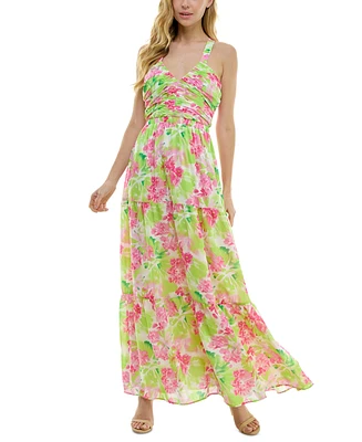 City Studios Juniors' Floral Print Sleeveless Tiered Maxi Dress