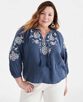 Style & Co Plus Embroidered Peasant Top, Created for Macy's