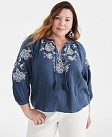 Style & Co Plus Size Embroidered Peasant Top, Created for Macy's