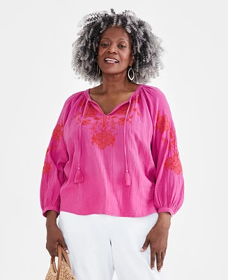 Style & Co Plus Embroidered Peasant Top, Created for Macy's