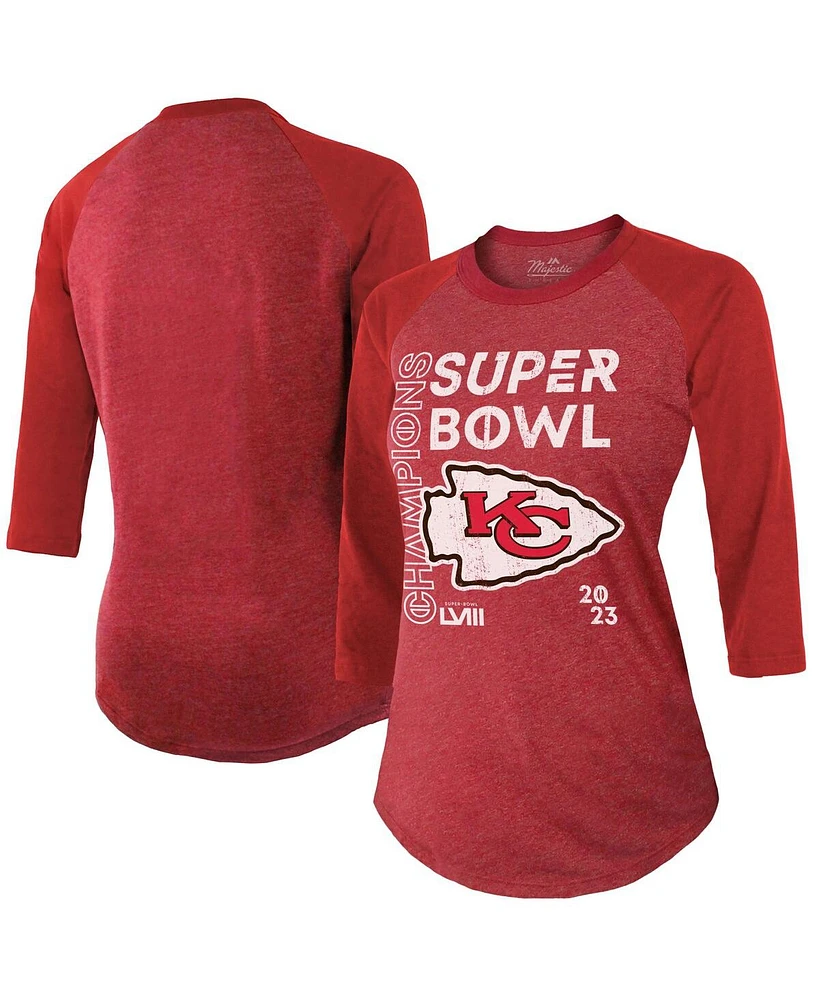 Women's Majestic Red Kansas City Chiefs Super Bowl Lviii Champions Whooper up Tri-Blend 3/4-Sleeve Raglan T-shirt