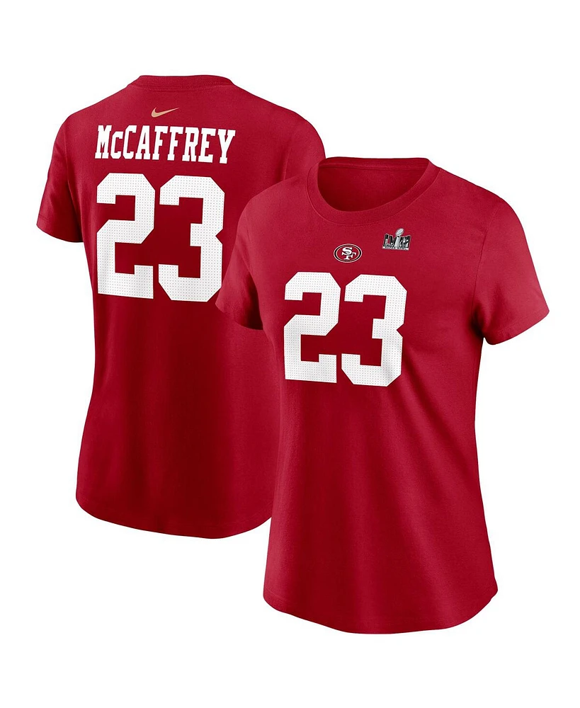 Women's Nike Christian McCaffrey Scarlet San Francisco 49ers Super Bowl Lviii Patch Player Name and Number T-shirt