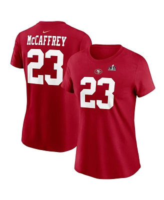 Women's Nike Christian McCaffrey Scarlet San Francisco 49ers Super Bowl Lviii Patch Player Name and Number T-shirt