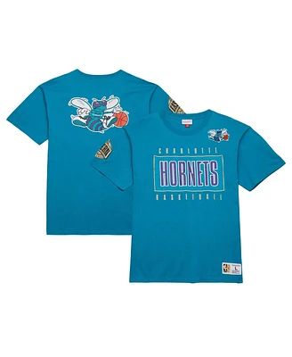 Men's Mitchell & Ness Teal Distressed Charlotte Hornets Hardwood Classics Team Og 2.0 Premium Vintage-Like Logo T-shirt