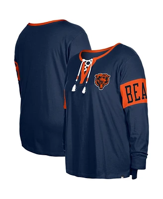 Women's New Era Navy Chicago Bears Plus Lace-Up Notch Neck Long Sleeve T-shirt