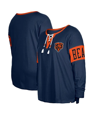 Women's New Era Navy Chicago Bears Plus Size Lace-Up Notch Neck Long Sleeve T-shirt