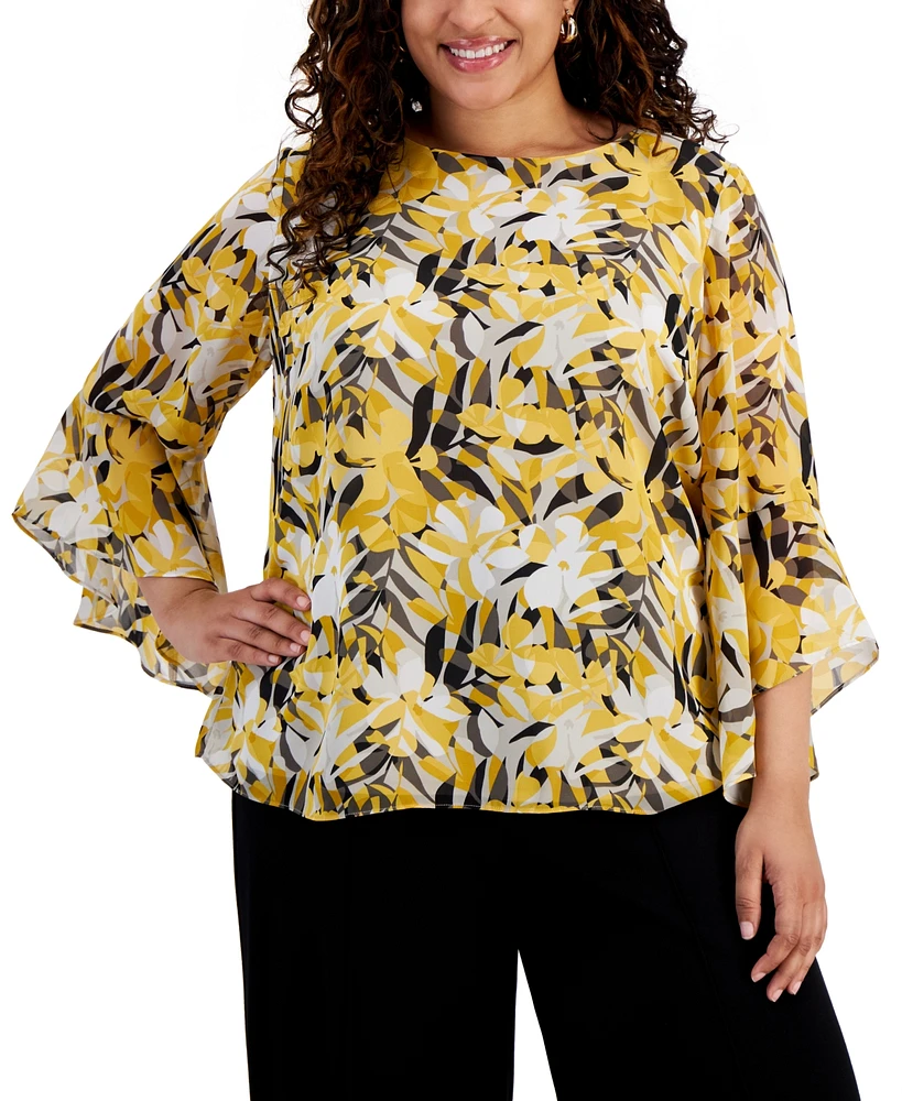 Kasper Plus Size Printed Ruffled 3/4-Sleeve Top