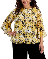 Kasper Plus Size Printed Ruffled 3/4-Sleeve Top