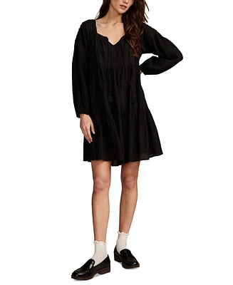 Lucky Brand Women's Cotton Embroidered Tiered Long-Sleeve Mini Dress