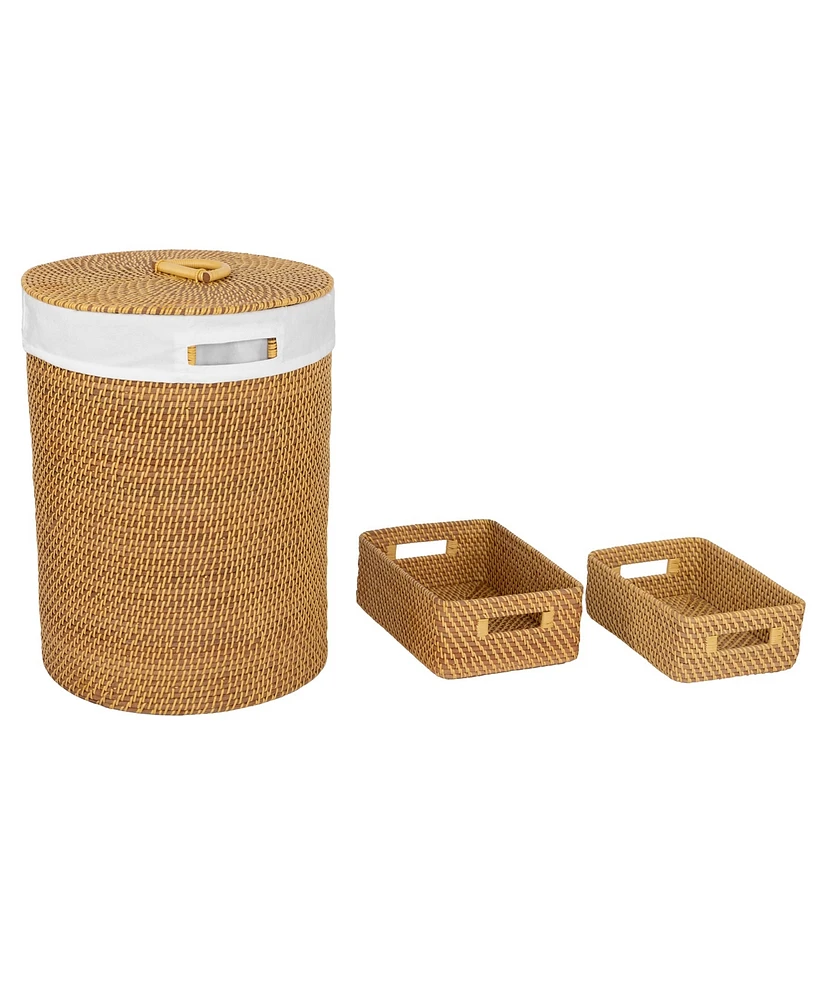 Seville Classics 3-Piece Handwoven Rattan Lidded Laundry Hamper Basket Set