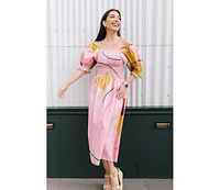 Jessie Zhao New York Valentina Abstract Smocked Pink Midi Dress