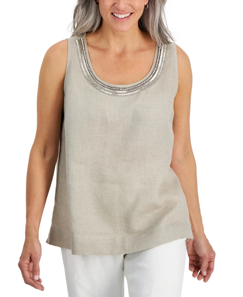 Charter Club Petite Embellished Scoop Neck Linen Tank Top, Created for Macy's