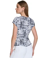 Dkny Women's Printed Asymmetric-Neck Short-Sleeve Top