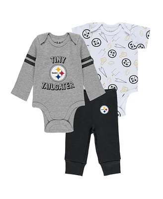 Baby Boys and Girls Wear by Erin Andrews Gray, Black, White Pittsburgh Steelers Three-Piece Turn Me Around Bodysuits and Pant Set