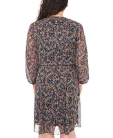 Msk Plus Floral-Print Chiffon Pintuck Shirtdress