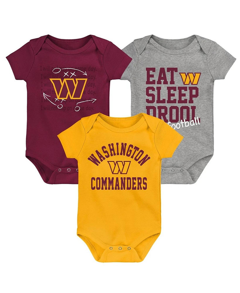 Baby Boys and Girls Gold, Burgundy, Heather Gray Washington Commanders Three-Pack Eat, Sleep and Drool Retro Bodysuit Set