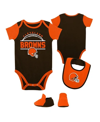 Baby Boys and Girls Brown, Orange Cleveland Browns Home Field Advantage Three-Piece Bodysuit, Bib Booties Set