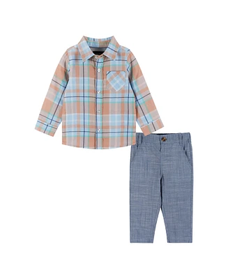 Andy & Evan Baby Boys White and Navy Plaid Button down Shirt Pants Set