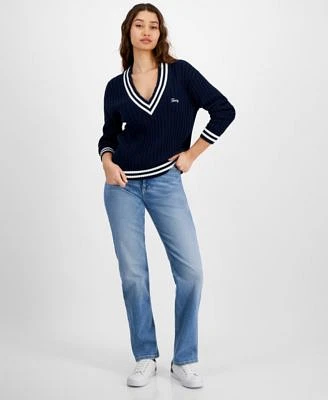 Tommy Jeans Womens Script Logo V Neck Ribbed Cotton Sweater Julie Straight Leg Button Waist Jeans