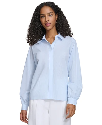 Calvin Klein Women's Pinstriped Covered-Placket Long-Sleeve Blouse