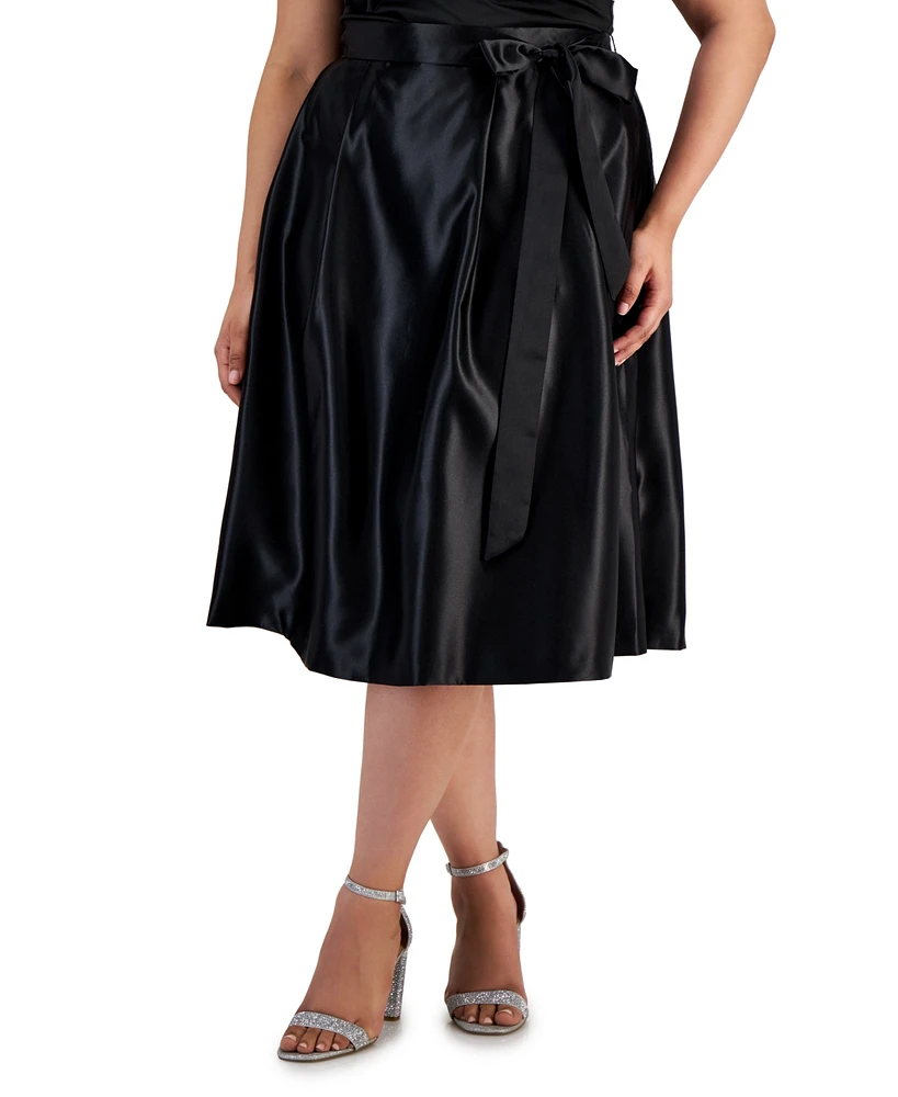 Alex Evenings Plus Belted Satin A-Line Midi Skirt