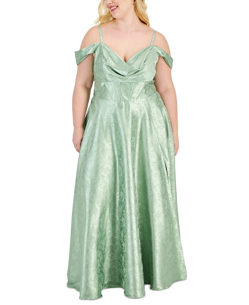 B Darlin Trendy Plus Size Off-The-Shoulder Satin Jacquard Gown