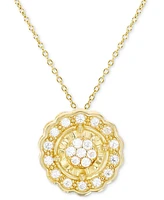 Cubic Zirconia Circle Halo Cluster 18" Pendant Necklace in 14k Gold-Plated Sterling Silver