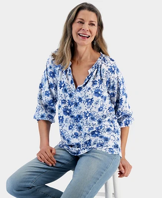 Style & Co Petite Wind Garden Gathered Knit Blouse, Created for Macy's