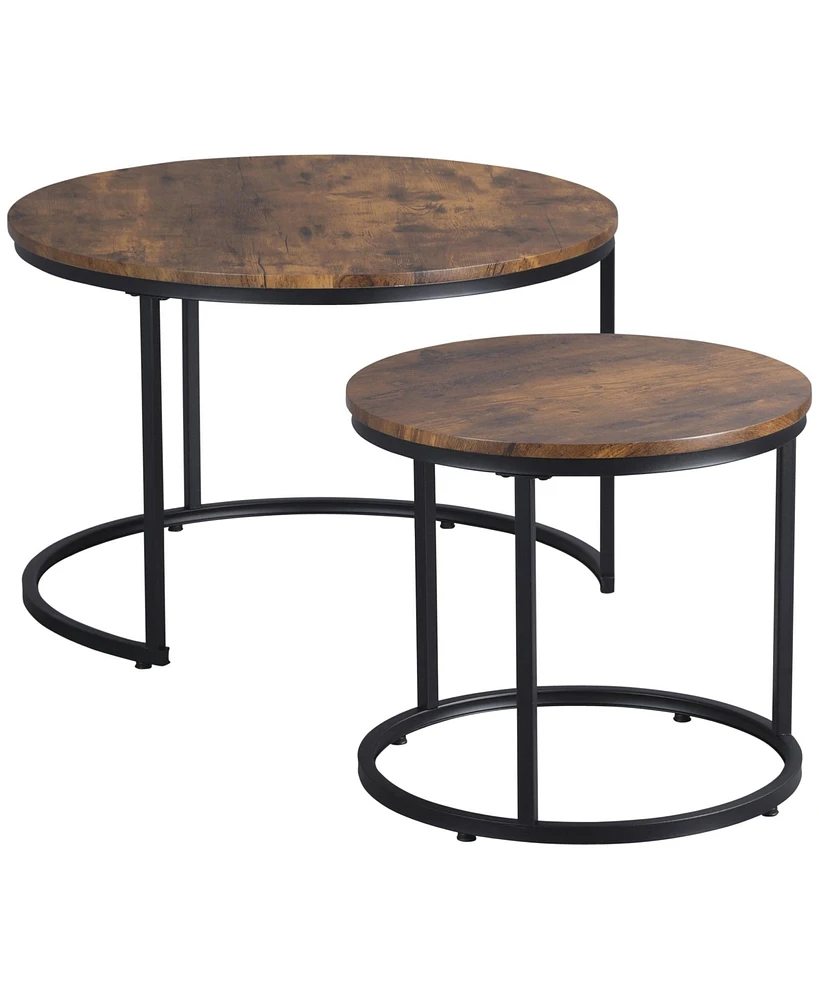 Round Nesting Coffee Table Set of 2 Stacking Accent Tables, Rustic Brown