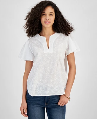 Tommy Hilfiger Women's Embroidered Cotton Flutter-Sleeve Top