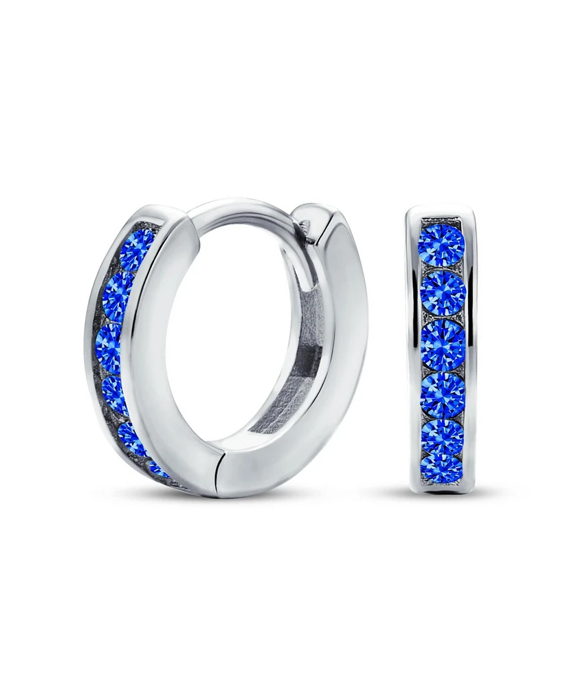 Bling Jewelry Blue Cubic Zirconia Cz Channel Set Small Huggie Hoop Earrings For Women Royal Blue Sterling Silver