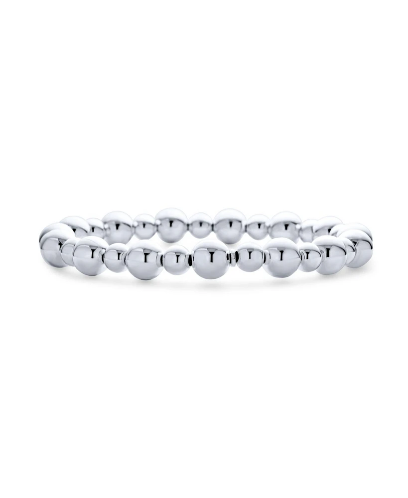 Modern Classic Polished Round Alternating 5-8MM Ball Bead Stretch Bracelet For Women Teen Stretchable Shinny .925 Sterling Silver