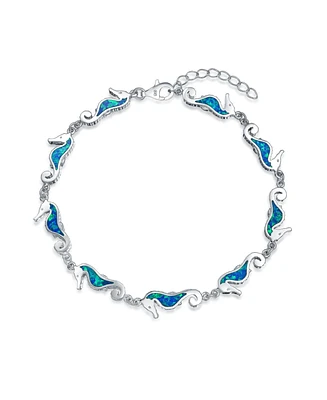 Nautical Seahorse Blue Created Opal Charm Link Bracelet For Women .925 Sterling Silver