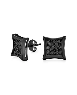 Black Square Shaped Cubic Zirconia Micro Pave Cz Kite Stud Earrings For Men Black Plated .925 Sterling Silver 9MM