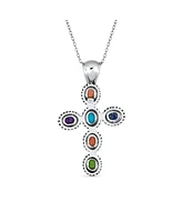 Bling Jewelry Multi Color Stones Bezel Set Cross Pendant Necklace For Women Sterling Silver