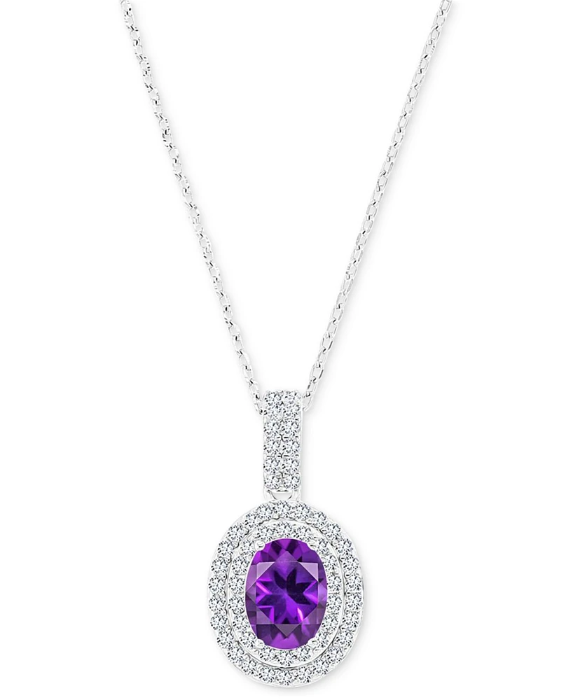 Amethyst (1-1/20 ct. t.w.) & Lab-Grown White Sapphire (1/2 Oval Halo Birthstone Pendant Necklace Sterling Silver, 16" + 2" extender (Also
