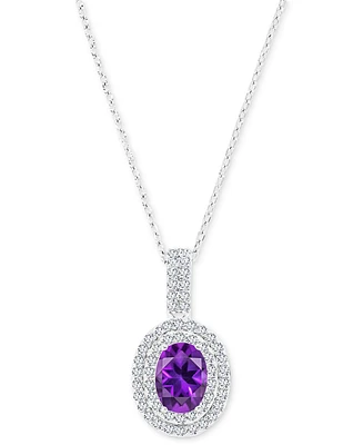 Amethyst (1-1/20 ct. t.w.) & Lab-Grown White Sapphire (1/2 Oval Halo Birthstone Pendant Necklace Sterling Silver, 16" + 2" extender (Also